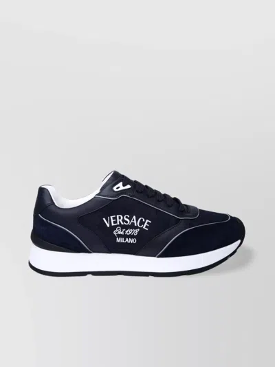 Versace Round Toe Rubber Sole Sneakers In Blue
