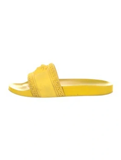 Pre-owned Versace Rubber Embroidered Accent Slides In Yellow