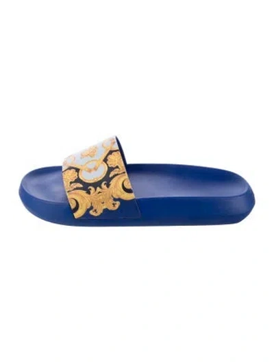 Pre-owned Versace Rubber Graphic Print Slides In Blue
