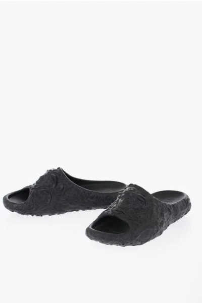 Versace Rubber Slides With Embossed Baroque Details In Black