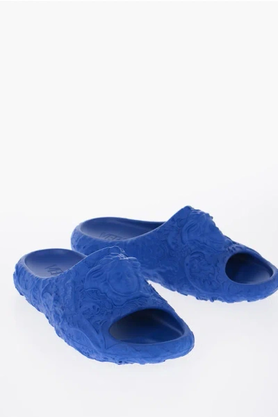 Versace Rubber Slides With Embossed Baroque Details In Blue