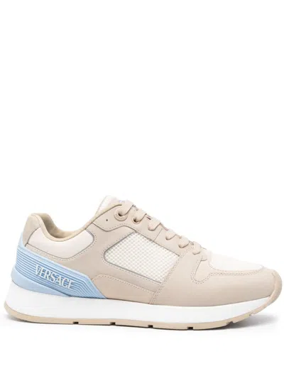 Versace Mixed Media Sneaker In Beige Oth