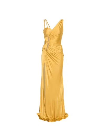 Pre-owned Versace Ruched Buckle Maxi Dress In Yellow