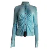 Versace Ruched Buttoned Blouse In Blue Viscose In Blue