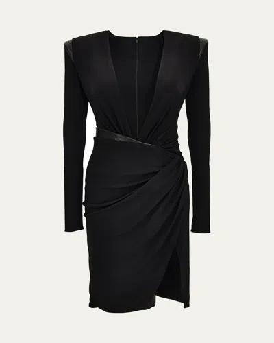 Versace Ruched Deep V-neck Mini Dress In Black