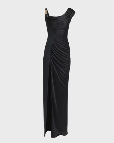 Versace Ruched Jersey Gown In Black
