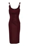 Versace Ruched Jersey Midi Cocktail Dress In Burgundy