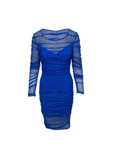 Versace Ruched Mesh Dress In Blue Polyamide