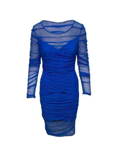 Pre-owned Versace Ruched Sheer-sleeve Dress In Blue