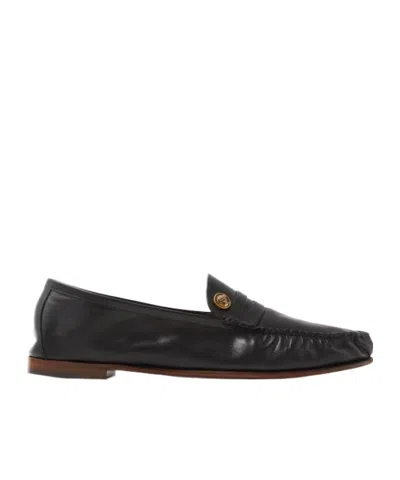 Versace Slip-on Loafers In Smooth Black Leather With Gold Emblem In Animal Print