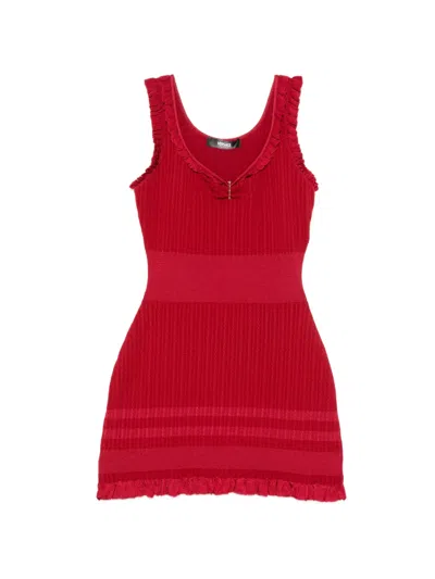 Pre-owned Versace Ruffled Ribbed Midi Dress In Red