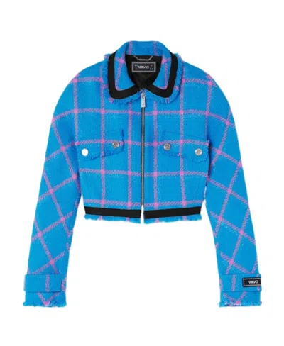 Versace Ruffled Tweed Casual Jacket In Blue