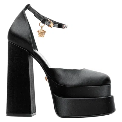 Pre-owned Versace Runway Aevitas 155 Black Satin Gold Crystal Medusa Double Platform Eu41