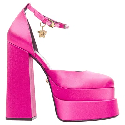 Versace Runway Aevitas 155 Fuchsia Pink Satin Gold Crystal Medusa Platform