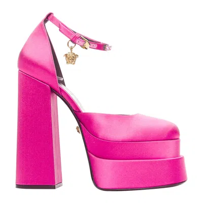 Pre-owned Versace Runway Aevitas 155 Pink Satin Gold Crystal Medusa Double Platform Eu40