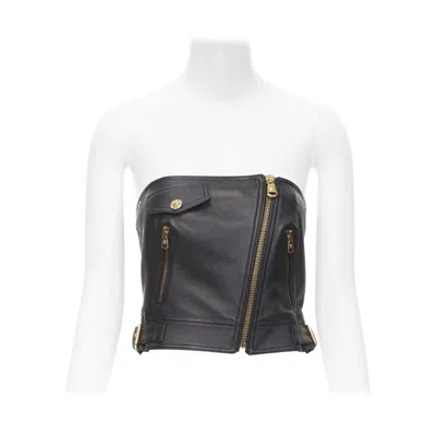 Pre-owned Versace Runway Black Leather Gold-tone Medusa Biker Bustier Top It38 Xs