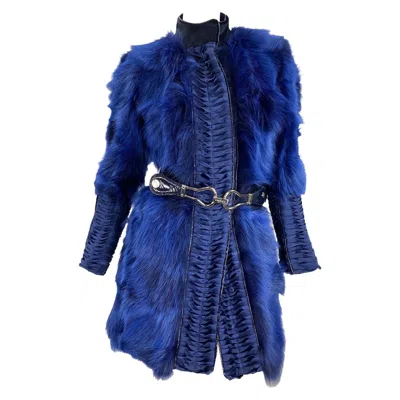 Pre-owned Versace Runway Blue Fox Fur Silk Coat Jacket With Belt Italian 40
