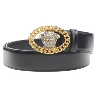 Pre-owned Versace Runway Medusa Gold Chain Silver Buckle Leather Belt 110cm 42-46" In Gray
