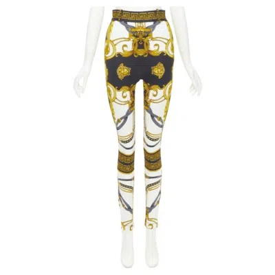 Pre-owned Versace Runway Rodeo Barocco Black Gold Harness Legging Pants It36 Xxs