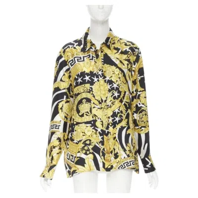 Pre-owned Versace Runway Savage Barocco Black Gold Greca Baroque Silk Shirt It44 L
