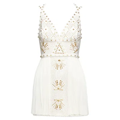 Versace Runway White Studded Leather Silk Skirt Mini Dress