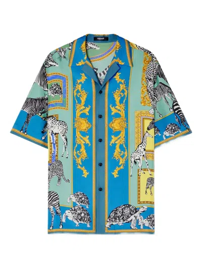 Versace Safari Printed Silk Shirt In Blue