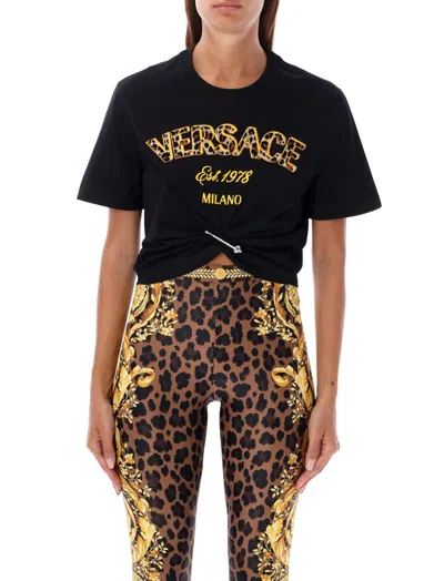 Versace Milano Embroidered Safety Pin Crop Cotton T-shirt In Black