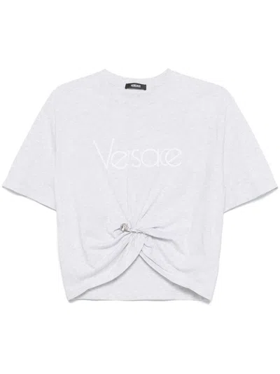Versace Cropped T-shirt With Twist Detail And Safety Pin Logo In Neutrals