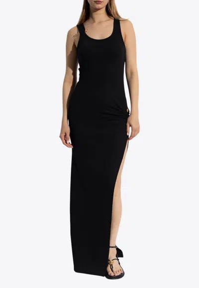 Versace Safety Pin Asymmetrical Maxi Dress In Black