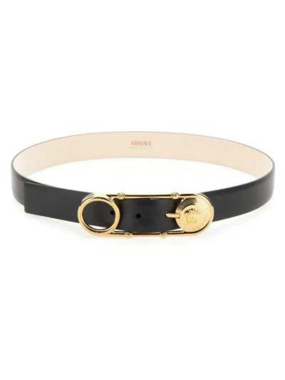 Versace Medusa Safety Pin Leather Belt In Green