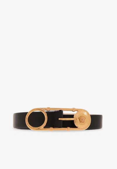 Versace Safety Pin Calf Leather Belt In Black