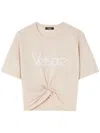 Versace Cropped T-shirt With Twist Detail And Safety Pin Logo In Beige