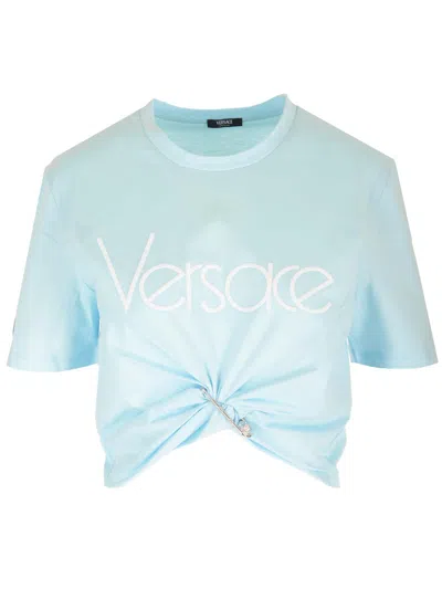 Versace Safety Pin Detail Top In Light Blue