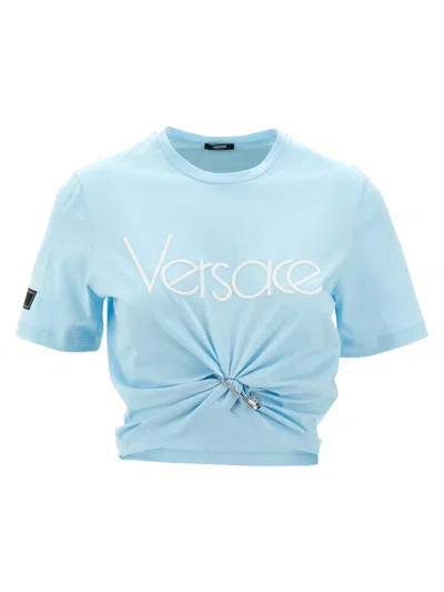 Versace Safety Pin Detailed Cropped T-shirt In Clear Blue