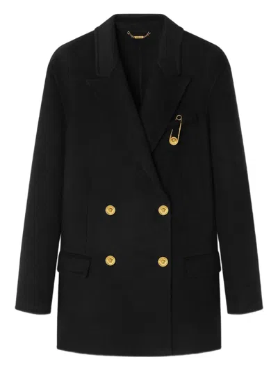 Versace Safety-pin Double-breasted Coat In Black