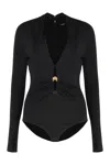Versace Safety Pin Draped Bodysuit In Black