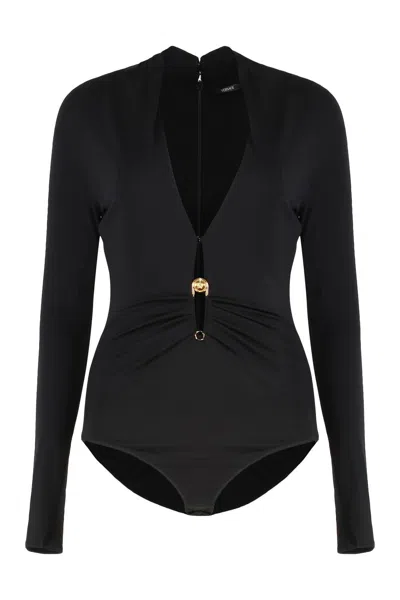 Versace Safety Pin Draped Bodysuit In Black