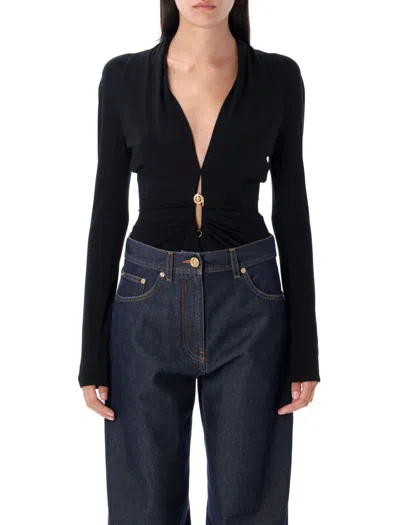 Versace Safety Pin Draped Bodysuit In Black