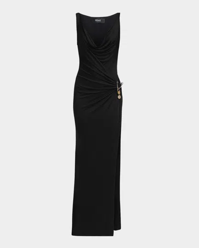 Versace Safety-pin Draped Responsible Liquid Jersey Gown In Black