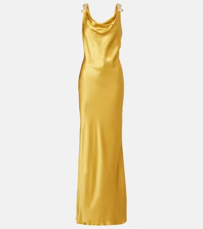 Versace Safety Pin Embellished Silk Satin Gown In Yellow