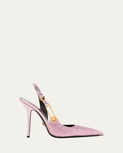 Versace Safety Pin Embellished Slingback Pumps In Baby Pink New- Gold