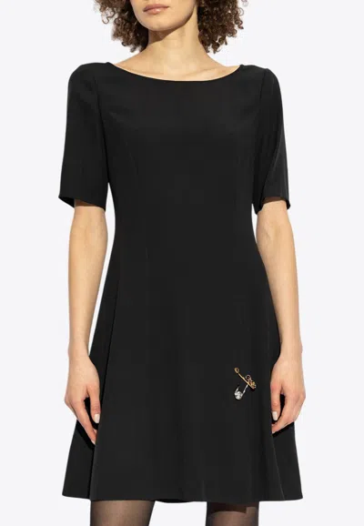 Versace Safety Pin Flared Matte Satin Mini Dress In Black