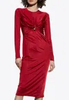 Versace Twisted Safety-pin Long-sleeve Jersey Midi Dress In Red