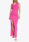 Versace Safety-pin Draped Crepe Jersey Slit Gown In Pink