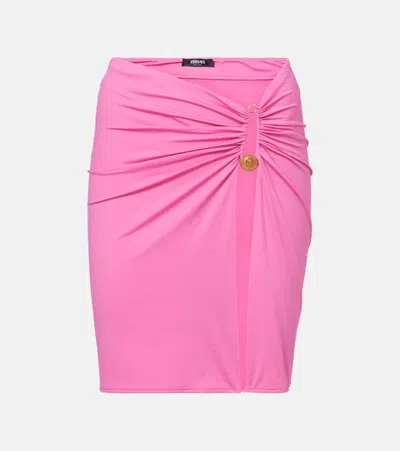 Versace Safety Pin Gathered Jersey Miniskirt In Pink