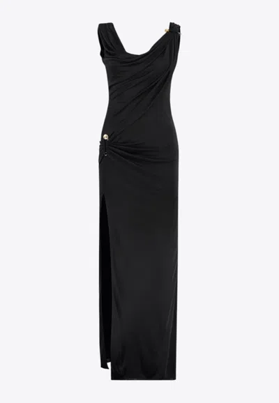 Versace Safety Pin Gathered Maxi Dress In Black