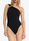 Versace Safety Pin Gathered One-piece Swimsuit In Black