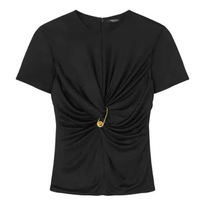 Versace Safety Pin Gathered Short-sleeved Top In Black