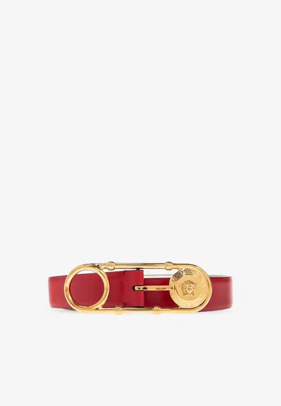 Versace Safety Pin Leather Belt In Red