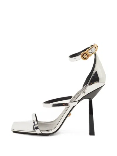 Pre-owned Versace Safety Pin Leather Heeled Sandals In Silver